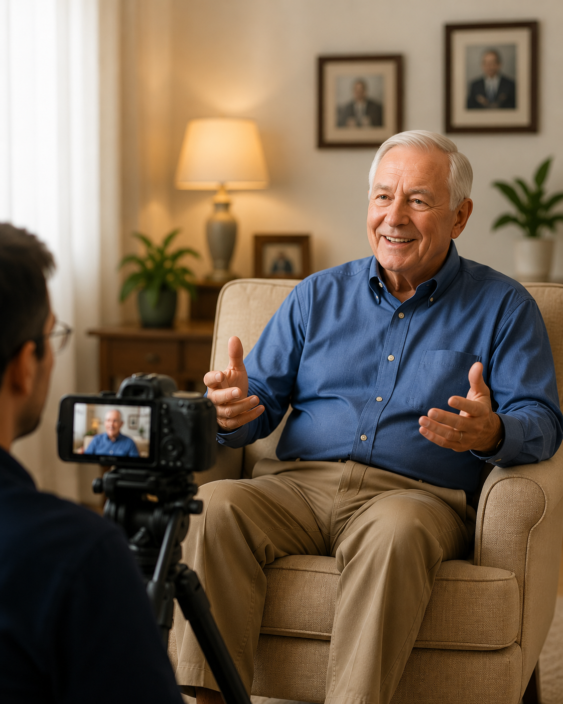 Older man sharing life stories during a professionally filmed legacy video interview at home, recorded with professional camera equipment for family history preservation.